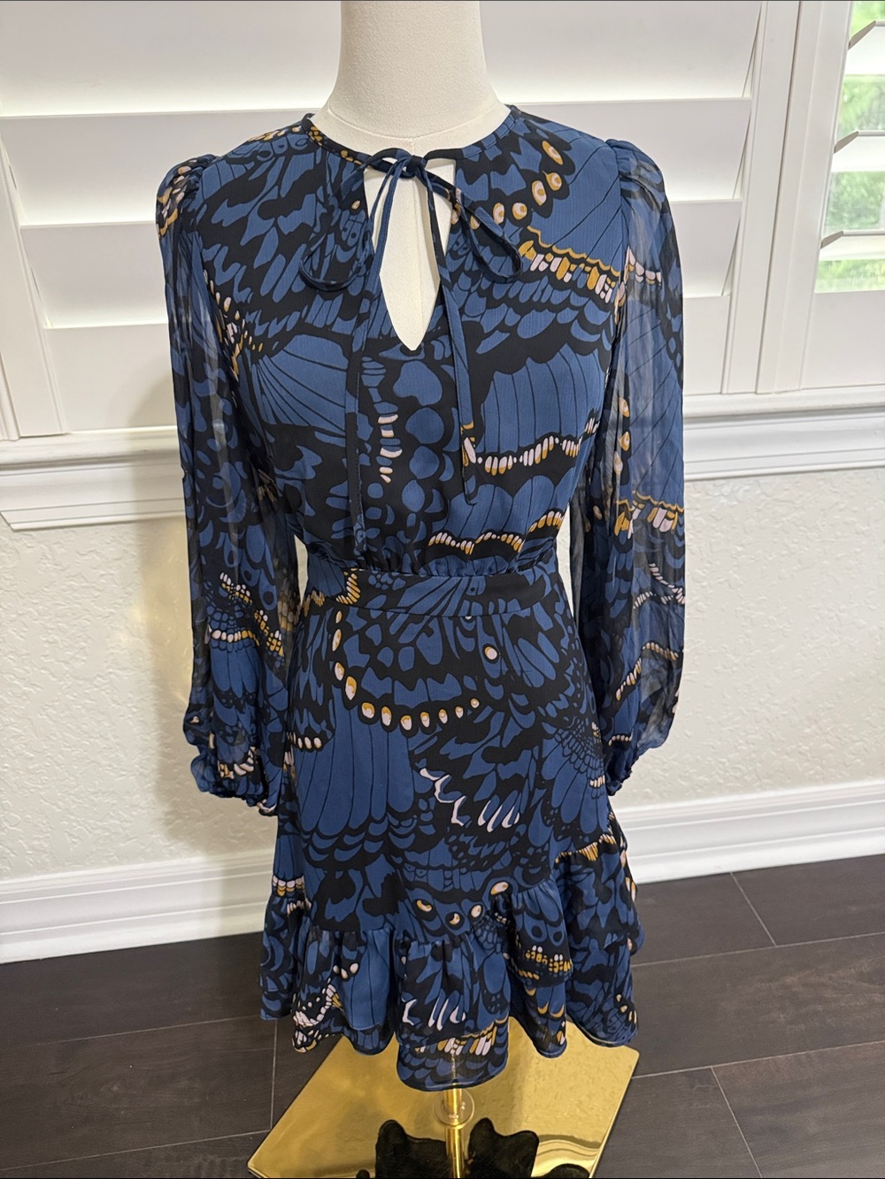 Ted Baker Navy Blue Printed Long-Sleeve Keyhole Dress with Gold Accents